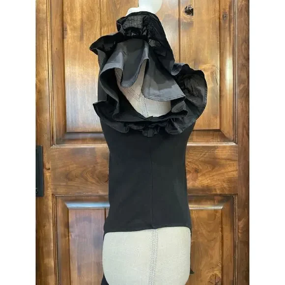 American Threads Ruffled Ribbed V-Neck Thong Black Bodysuit Medium - Picture 4 of 7